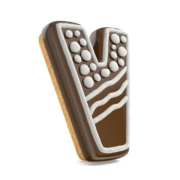 Letter V chocolate Christmas gingerbread font decorated with white lines and points. 3D render illustration isolated on white background