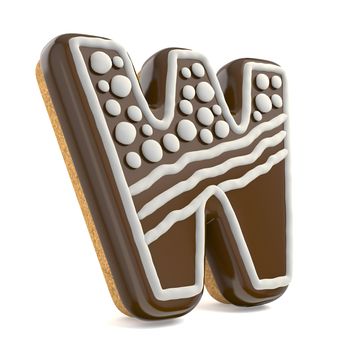 Letter W chocolate Christmas gingerbread font decorated with white lines and points. 3D render illustration isolated on white background