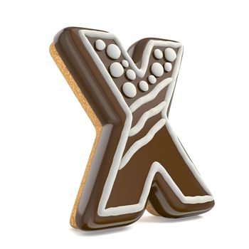 Letter X chocolate Christmas gingerbread font decorated with white lines and points. 3D render illustration isolated on white background