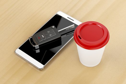 Smartphone, car key and coffee cup on wooden table 