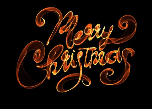 Merry Christmas isolated text lettering written with flame fire light on black background. Orange red color.