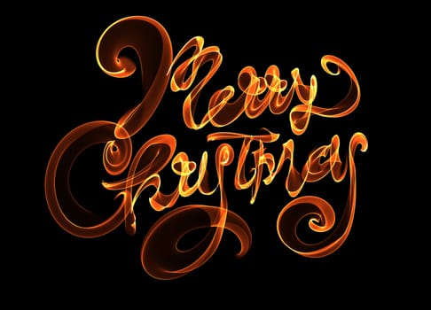 Merry Christmas isolated text lettering written with flame fire light on black background. Orange red color.