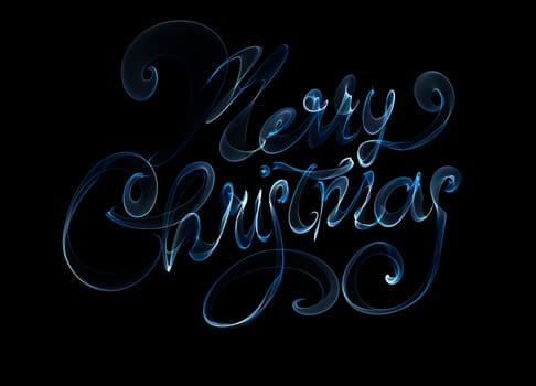 Merry Christmas isolated text written with flame fire light on black background. Blue color.