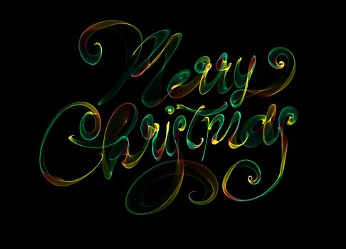 Merry Christmas isolated text written with flame fire light on black background. rainbow colors.