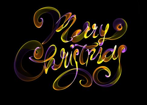 Merry Christmas isolated text written with flame fire light on black background. Violet and Yellow color.