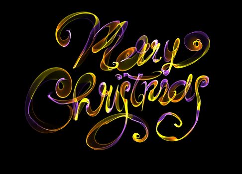 Merry Christmas isolated text written with flame fire light on black background. Violet and Yellow color.