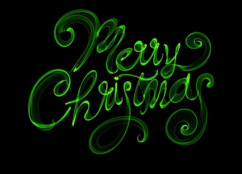 Merry Christmas isolated text written with flame fire light on black background. Green color.