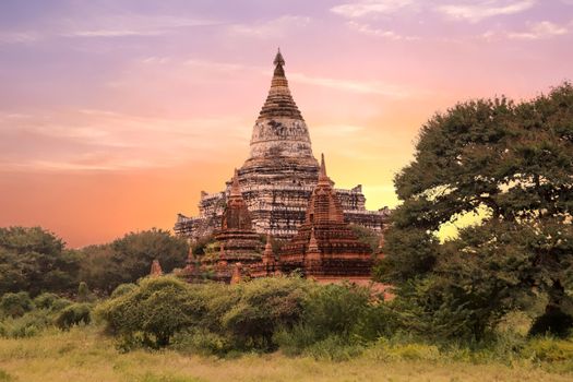 Ancient pagoda in Bagan Myanmar at sunset