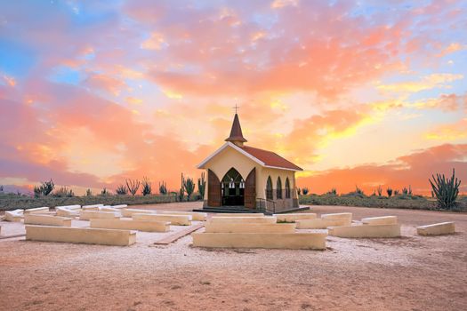 Alto Vista Chapel on Aruba island in the Caribbean at sunset