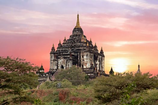 Shwe Sandaw Pagoda in Bagan at sunset in Myanmar