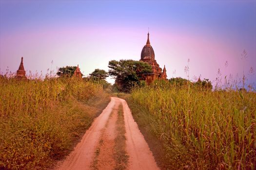 Ancient pagodas in the countryside from Bagan in Myanmar