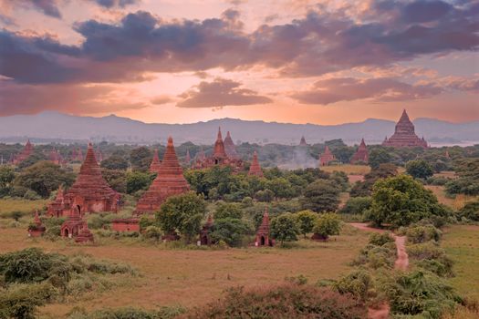 Ancient pagodas in the countryside from Bagan in Myanmar

