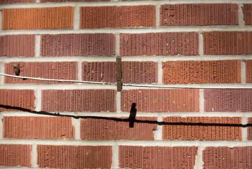 Single clothes pin on a laundry line against a red brick wall