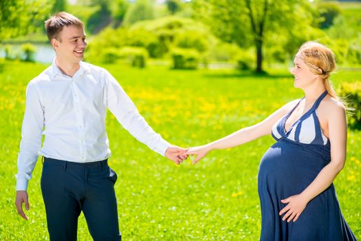 Pregnant woman and her husband kept the hand in the park