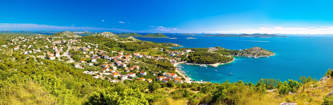 Drage Pakostanske panoramic aerial view with Kornati islands national park, Dalmatia, Croatia