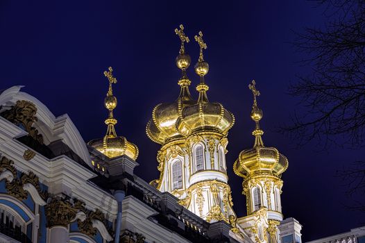 Catherine Palace in Pushkin night view with golden domes illuminated