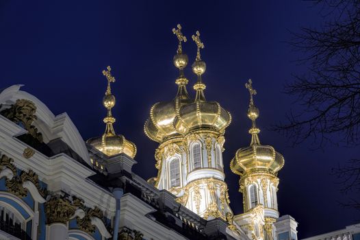 Catherine Palace in Pushkin night view with golden domes illuminated