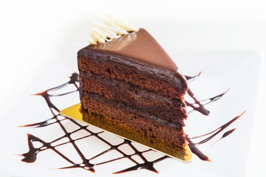 piece of chocolate cake on white dish