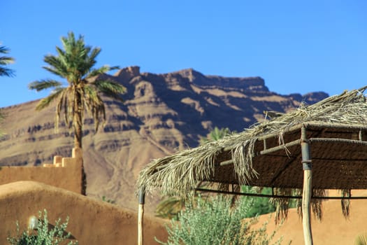 Roof of a hut made of palm leaf with mountain on background