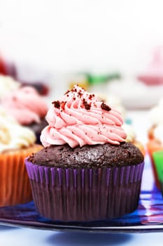 Chocolate and strawberry cream cupcake on a professional bakery. Vertical image.