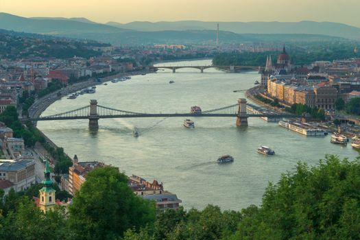 Szechenyi Bridge is connects Buda to Pest on the Danube river.