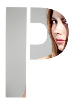 girl portrait behind the letter "P"