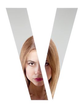 girl portrait behind the letter "V"