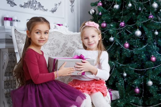 Two gilrs holding Christmas gift near christmas tree