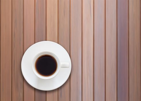 Top view of cup of fresh espresso on white wooden background