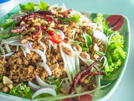 Yam pla duk foo, a classic Thai meal, consisting of minced and fried catfish, shredded green papaya, fresh and dried chili pepper, dry roasted peanuts, raw onion, salad and a dressing made from lime juice and garlic. Shallow depth of field.