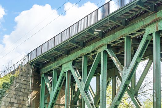 Railway bridge of steel for pedestrians and cyclists on the Ruhr in Essen Kupferdreh.