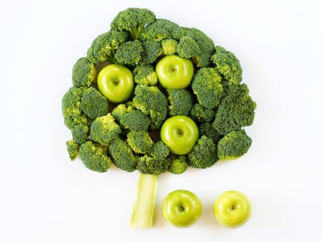 Tree made from broccoli and apples on the white background. Three apples are hanging on the fruit tree and the other two are lying under the tree.