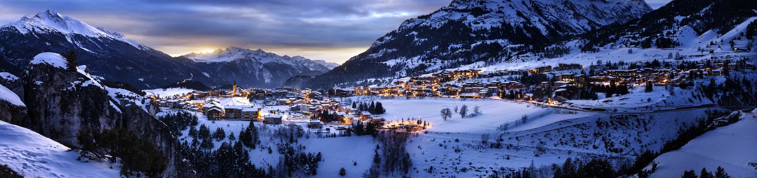 View of Aussois su Arc village by night, France