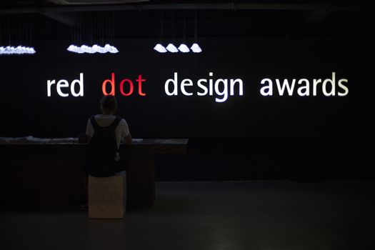 Singapore - 01 November 2014: Exhibition with text inside Red dot design museum