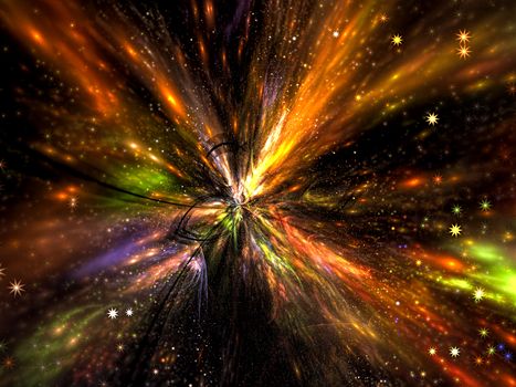 Rays burst - abstract computer-generated image. Fractal geometry: brightly flashing star. Dinamic image for background or texture in technology or space design themes.