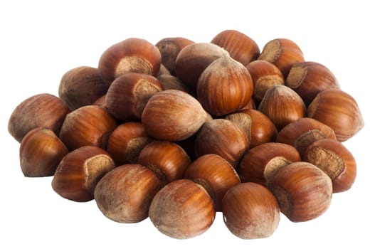 some hazelnuts placed over a white background