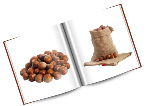 book of  hazelnuts placed over a white background