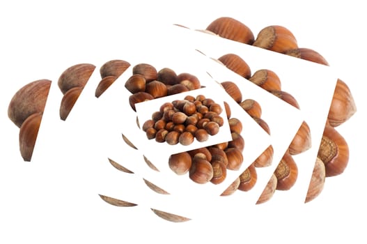 some hazelnuts placed over a white background
