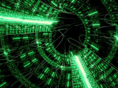 Technology portal - abstract computer-generated image. Fractal geometry: round structure with chaos lines and curves. For covers, web design, posters.