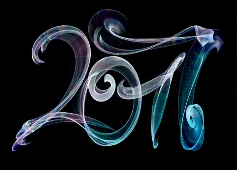 2017 isolated numbers written with white smoke or flame light on black background.