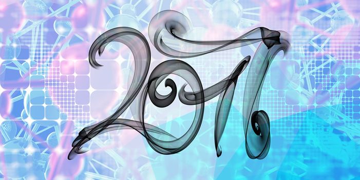 2017 numbers written with black smoke or flame on squared abstract geometic background.