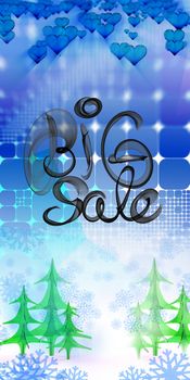 Big sale lettering written with black smoke or flame on geometric square abstract backgound with christmas tree and snowflake. 3d illustration.