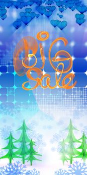 Big sale lettering written with smoke or flame on geometric square abstract background with christmas tree and snowflake. 3d illustration.