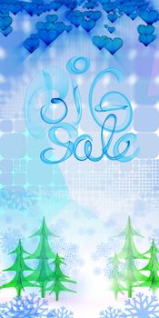 Big sale lettering written with blue smoke or flame on geometric square abstract background with christmas tree and snowflake. 3d illustration.