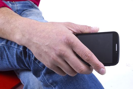 Man hand holding a mobile phone on white background