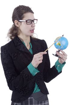 Strict woman teacher with a globe on a white background