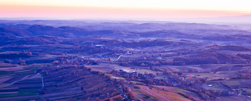 Evening view of villages and landscape, Prigorje region of Croatia