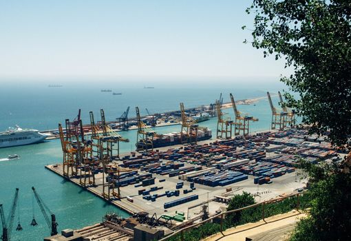 Commercial port with container ship - Aerial footage