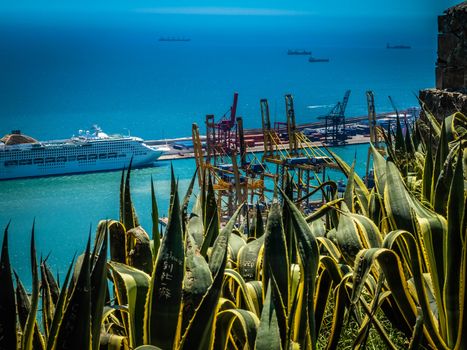 Commercial port with container ship - Aerial footage