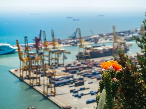 Commercial port with container ship - Aerial footage